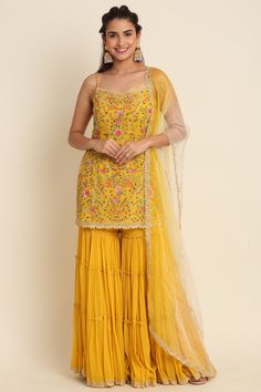 Yellow Sharara Suits, Sheer Dupatta, Cutdana Work, Georgette Kurta, Mehendi Outfit, Yellow Kurta