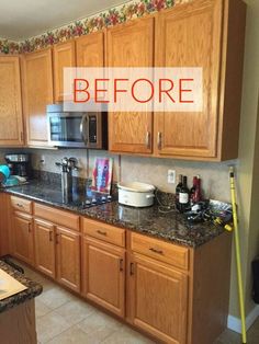 a kitchen with wooden cabinets and black granite counter tops, before and after remodeling