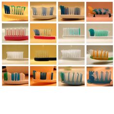 many different toothbrushes are arranged in rows