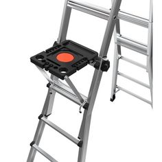 a metal ladder with an orange plate on the top and bottom step up to it