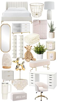 a collage of white furniture and accessories including a bed, desk, chair, mirror, lamp, potted plant