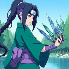 an anime character holding two swords in one hand and wearing a green outfit on the other