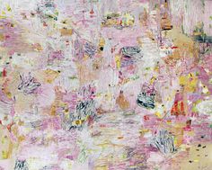 an abstract painting with pink, yellow and green colors on it's surface is shown