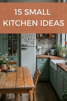 small kitchen with green cabinets and wooden table in the center, surrounded by potted plants