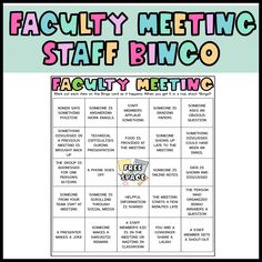 a printable activity board with the words faculty meeting staff bingo and freebies