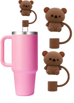 a pink cup with some brown bears on it