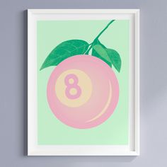 an illustration of a peach with the number eight on it's side and green leaves