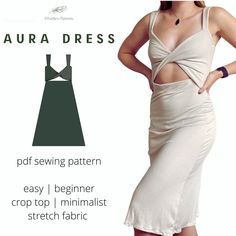 SHORT DESCRIPTION The AURA Dress sewing pattern is an easy, yet chic and minimalistic sewing pattern that is perfect for the summer. It features wide straps and a twisted front, almost makes it look like a wrap top. It is best made with stretchy fabric and shouldn't take you more than 2h to make total. I recommend a blend of Tencel Spandex stretch fabrics -- it's a great pattern for rib knit! I always wear my AURA dress without a bra in the summer. The instructions include both A4 and Letter pri Easy Free Sewing Patterns, Twist Front Dress Pattern, Sewing Patterns For Women, Dress Minimalist, American Quilt, Crochet Inspo, Couture Mode, Minimalist Dresses, Trendy Dress