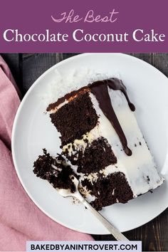 a piece of chocolate coconut cake on a white plate