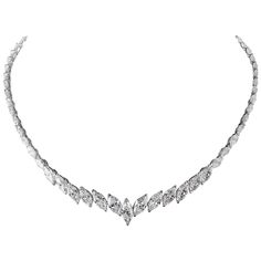 This riviera necklace features 68 graduated F-G VS marquise brilliant cut diamonds set in platinum weighing 18 carats. Made in Italy. GAL certified. Report No. GAL202011357. MSRP valued at 140,000.00. Viewings available in our NYC showroom by appointment. Shuffles Clothes, Diamond Chocker, Exquisite Diamond Necklace, Marquise Jewelry, Riviera Necklace, Expensive Necklaces, Fine Jewelry Necklace, The Bling Ring, Vintage Choker Necklace