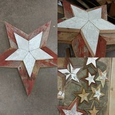 three wooden stars are hanging on the wall and one is painted red, white and blue