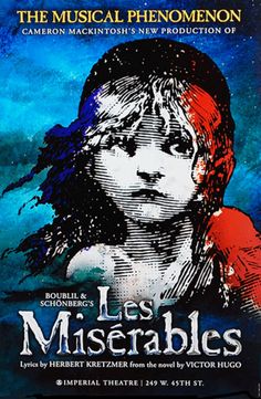 the musical poster for les miserableables, with an image of a woman's face