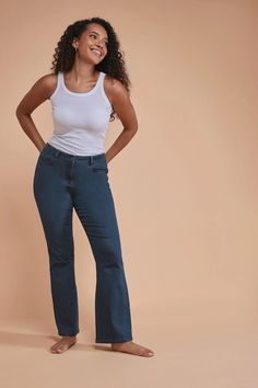 A wardrobe staple. Made from a comfortable cotton fabric these jeans feature a bootcut design, a high waist, and functional pockets. Partner with a jumper and trainers for a stylish autumnal look. High Waisted Bootcut Jeans, Blue Bootcut Jeans, Jeans Petite, Petite Jumpsuit, Petite Coat, Blouse Jeans, Tall Clothing, Flattering Dresses, Women Nightwear