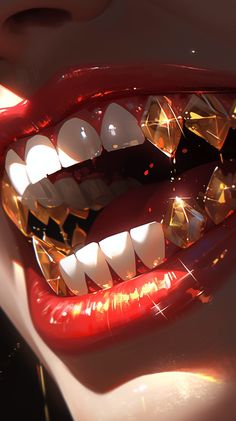 a close up of a person's mouth with gold teeth and diamonds on it