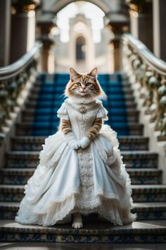 a cat dressed up in a wedding dress standing on the stairs with its head turned to the side