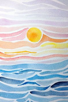 watercolor painting of sunset over the ocean with waves and sun in distance, on white paper