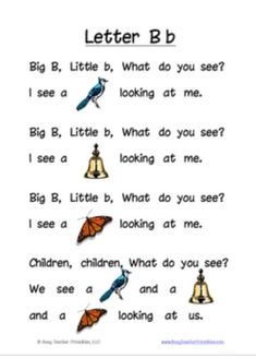 a letter b worksheet with pictures of birds and bells