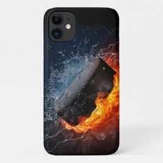 a cell phone case with an image of a hockey puck on fire and water