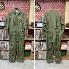 "Type CS/FRP-1 olive green utility garage mechanic coveralls jump suit outfit size 44 regular. Good used condition, some wear, zipper up front, multiples pocket on hip, chest and back, Scovill main zipper. Fire resistant, made in U.S.A. by Lion Uniform, Inc.  Please, check carefully the measurements, photos and description of the article before buying it, we do not accept changes or returns. Measurements lying face down: (Model on the pics is 5.10 tall and 160 pounds weight.) 23\" Across chest underarm to underarm. 21 1/2\" Shoulder seam to seam. 23\" Sleeve length from shoulder to cuff hem. 21\" Waist flat face down. 62\" Long, collar to hem down. 25\" Hip. 15\" Thigh. 29\" Inside leg length. 9 1/2\" Leg opening. Let me know if you have any questions or would like to see additional photos Khaki Long Sleeve Utility Overalls, Military Style Long Sleeve Khaki Jumpsuit, Khaki Military Long Sleeve Jumpsuit, Khaki Military Style Long Sleeve Jumpsuits, Military Style Green Overalls With Pockets, Military Green Overalls With Pockets, Green Utility Jumpsuit With Long Sleeves, Green Long Sleeve Utility Jumpsuit, Utility Garage