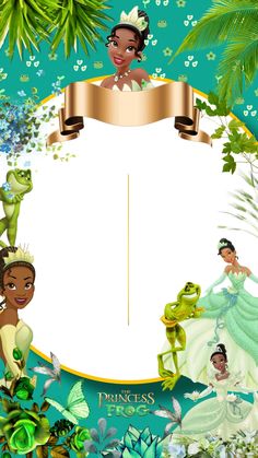 the princess and the frog frame is surrounded by green plants, flowers, and trees