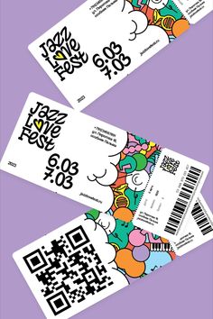 two tickets with qr code on them are sitting in front of a purple background