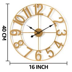 a clock with numbers on the face is shown in gold and black, as well as measurements