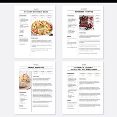 four pages of food menus with different foods on them and the text below it