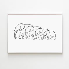 a line drawing of three elephants walking in the same direction on a white wall above it