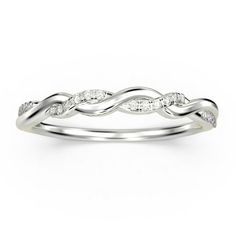 a white gold wedding ring with diamonds on the sides and an intertwined design in the middle