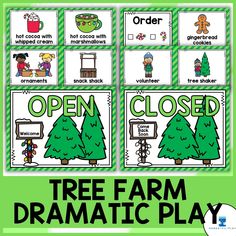 an open and closed christmas tree farm dramatic play for children to learn how to use the word