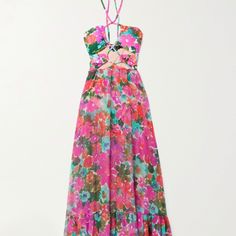 This Beach Dress Features Subtle Torso Cut-Outs On The Smallest Part Of Your Waist For A Figure-Flattering Effect. Stretch Lycra Bodysuit Attached To An A Sheer Chiffon Skirt. Adjustable Tie Neck Closure. Only Worn Once! In Perfect Condition. Pink Halter Neck Midi Dress For Garden Party, Pink Floral Print Cocktail Maxi Dress, Pink Bohemian Cocktail Dress, Bohemian Pink Cocktail Dress, Looks Pinterest, Maxi Robes, Sheer Chiffon, Vacation Dresses, Chiffon Skirt