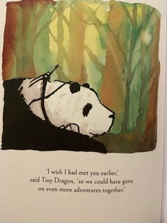 a book with an image of a panda bear in the woods and text that reads i wish i had met you earlier, said tiny dragon, so we could have gone on even more adventures together