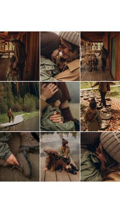 many different pictures of people and animals in the woods, with one person kissing another