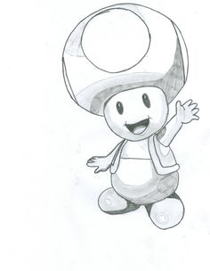 a drawing of a cartoon character with a mushroom on his head and hands up in the air