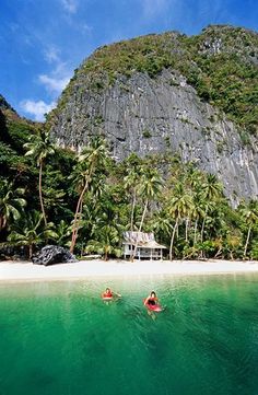 two people are swimming in the ocean near a beach with palm trees and a hut