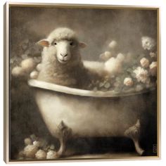 a painting of a sheep in a bathtub surrounded by flowers and cotton floss