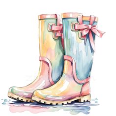 a pair of colorful rain boots with bows on the side and water drops around them