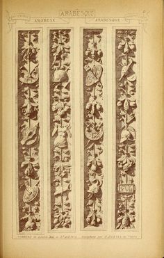 an old book with three different designs on the pages, one is brown and white