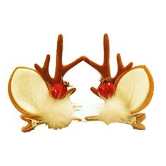 two reindeer antlers with red noses and white fur on their ears are facing each other