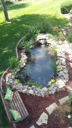 a small pond in the middle of a garden