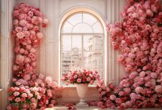 pink flowers are growing on the wall next to a large vase with roses in it