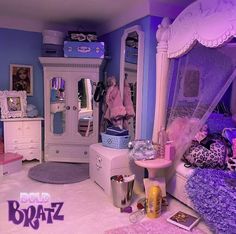 a purple and white bedroom with lots of stuff on the floor, furniture and accessories