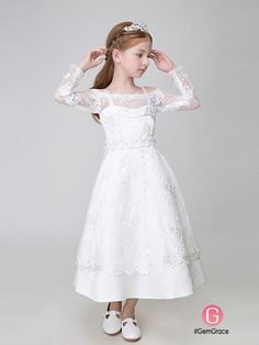 Flower Girl Dresses Ankle Length Whole Lace White Flower Girl Dress with Long Sleeves First Communion Long Sleeve Dress With Lace Bodice, White Lace Long Sleeve First Communion Dress, First Communion Dress With Lace Long Sleeves, Lace Long Sleeve First Communion Dress, Long Sleeve Confirmation Dress With Lace Trim, First Communion White Lace Dress With Long Sleeves, Spring Lace Dress With Lace Sleeves For First Communion, Long Sleeve Dresses For First Communion In Spring, White Long Sleeve Confirmation Dress