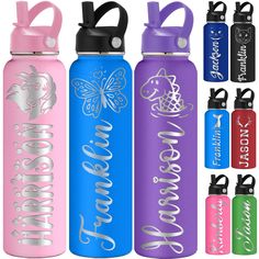 four different colored water bottles with the word unicorn on them and an image of a horse