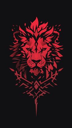 a red lion's head on a black background with triangles in the foreground