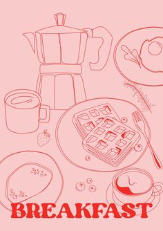 breakfast with waffles, coffee and fruit on the table in red ink drawn by hand