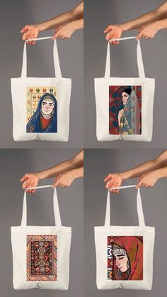 four different images of women's faces on tote bags, each with an image of the same woman