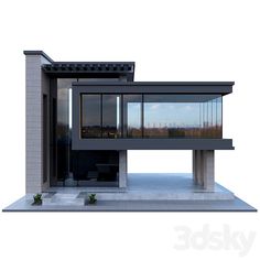 an architectural rendering of a modern house with glass walls and doors on the outside, overlooking a cityscape