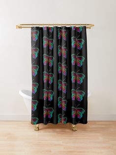 colorful butterflies on black background shower curtain