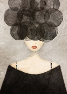 a drawing of a woman with black hair and circles on it's head, against a gray background